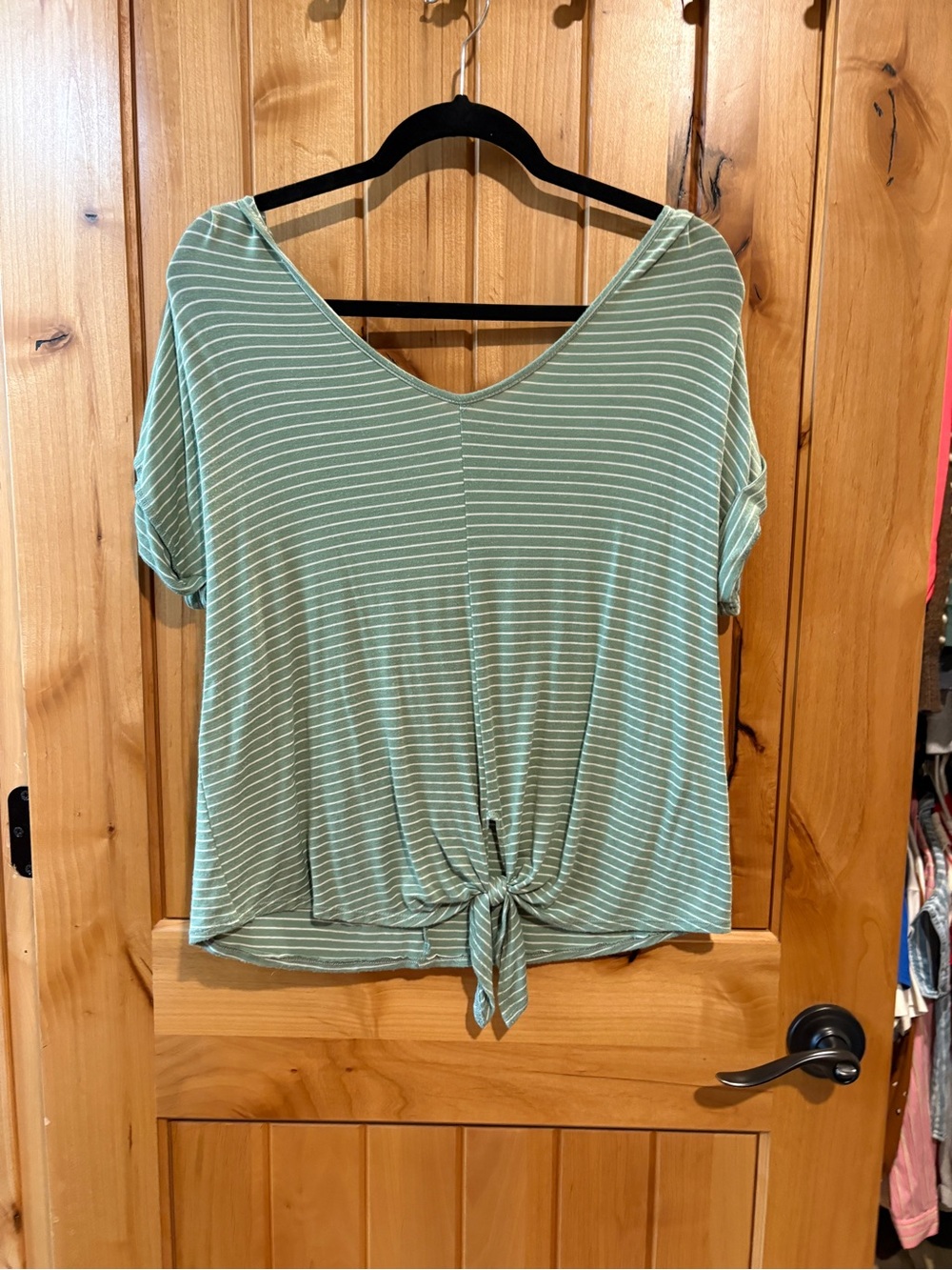 Striped Sage Green Tie-Front Women’s Top